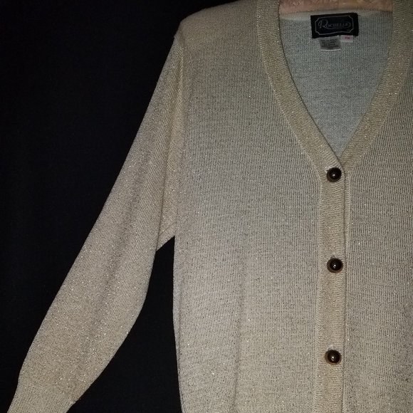 Vintage 90s Rochelle Lurex Gold Cardigan Button Front Sweater Medium Old Money - Picture 3 of 7